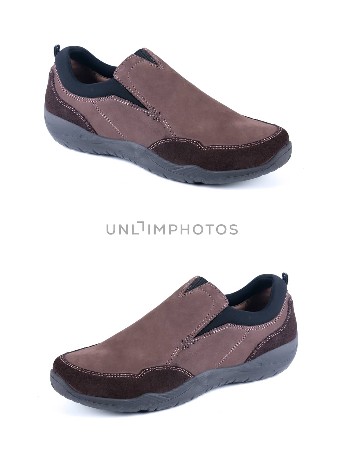 Pair of brown leather shoe on white background, isolated product.