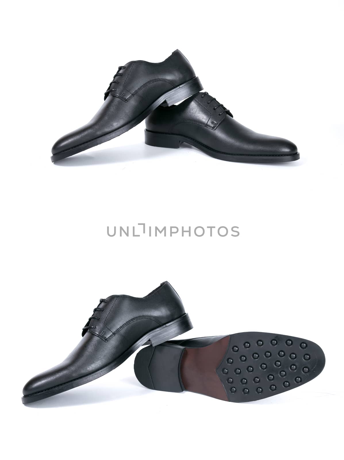 Group of black shoes on white background, isolated product.