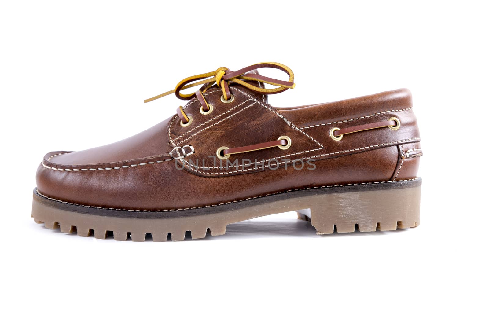 Brown leather shoe on white background, isolated product.