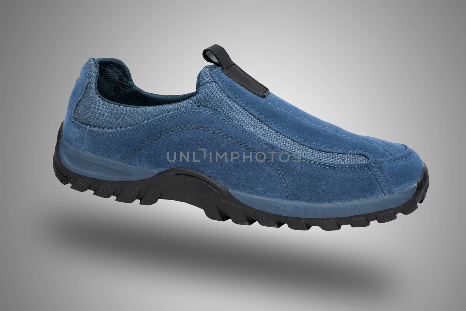 Blue leather shoe on white background, isolated product.