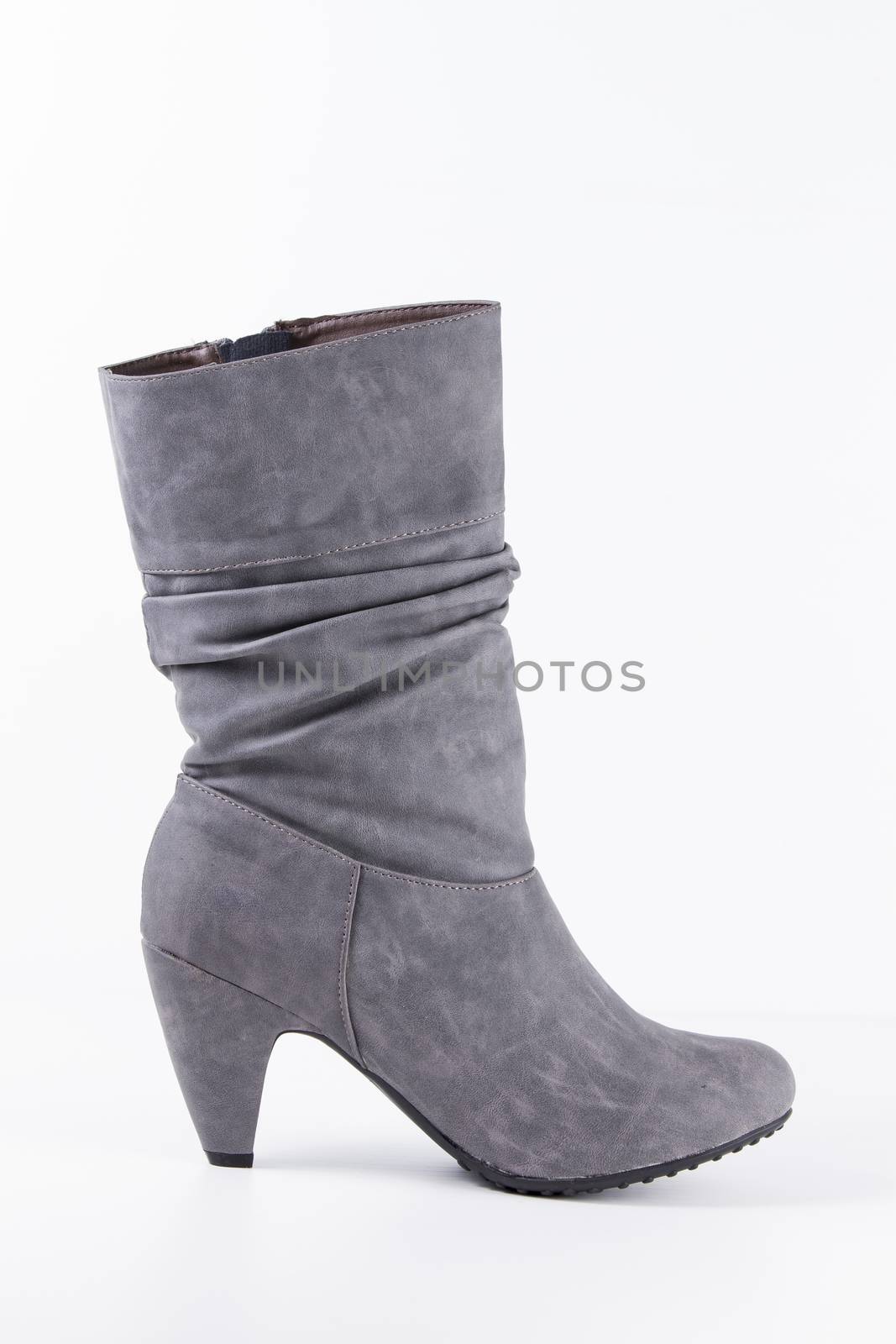 Grey leather boots on white background, isolated product.