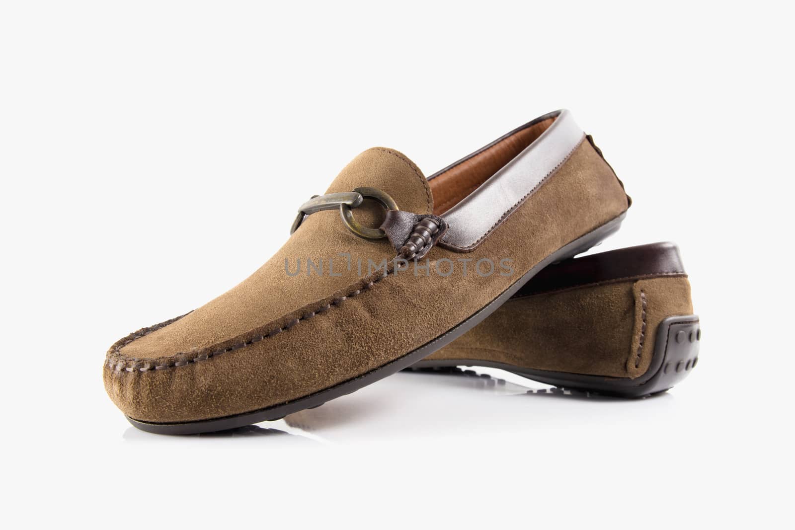 Male brown leather shoes on white background, isolated product.