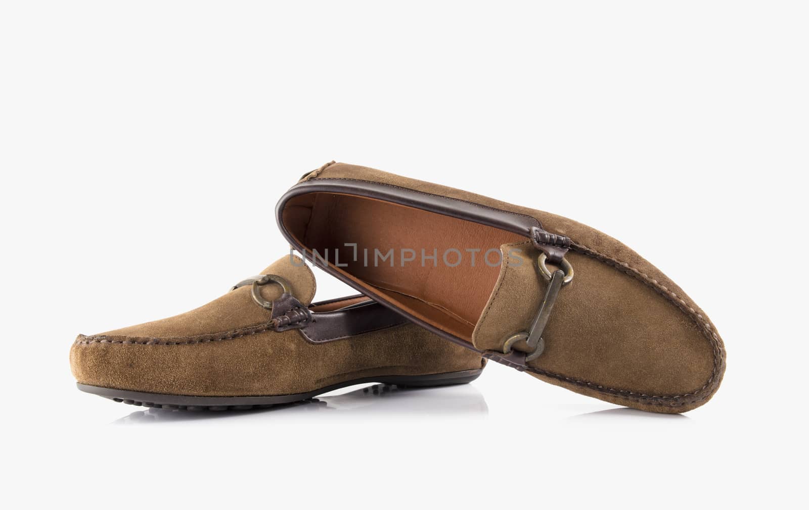 Male brown leather shoes on white background, isolated product. by GeorgeVieiraSilva