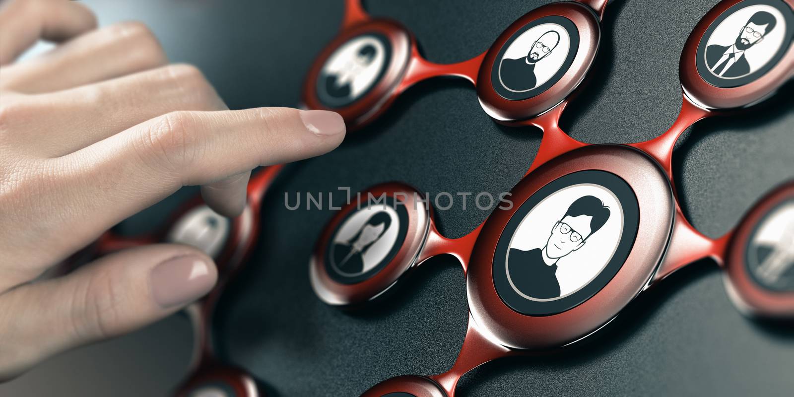 Woman about to contact a person on a professional network. Composite image between a hand photography and a 3D background.