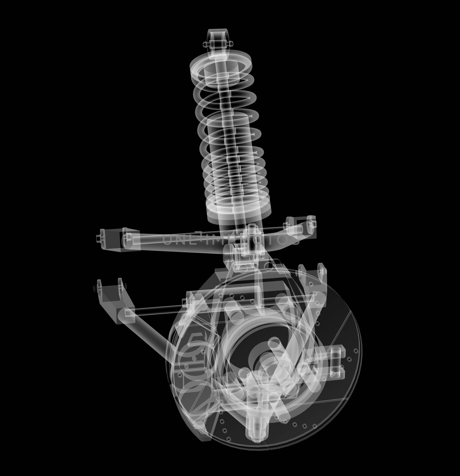 X-ray Car suspension and brake disk on black background, 3d illustration