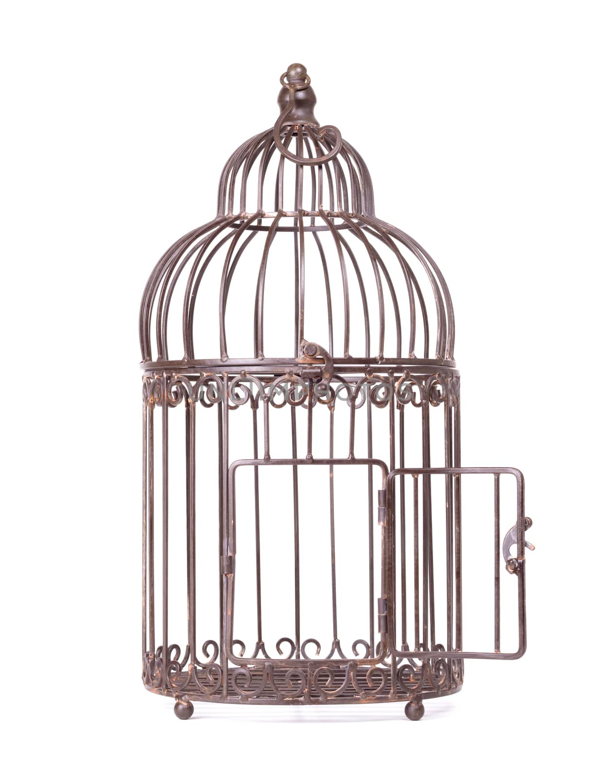 Empty rusty birdcage on white background, isolated