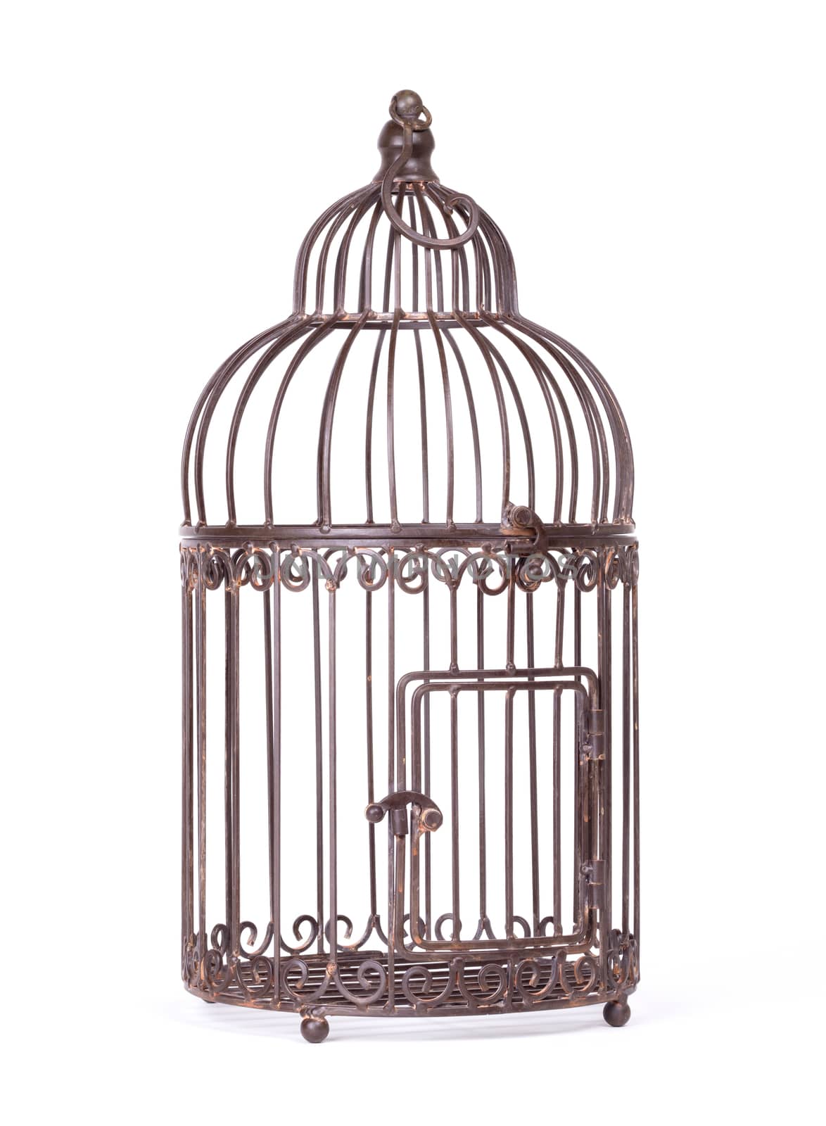 Empty rusty birdcage on white background, isolated