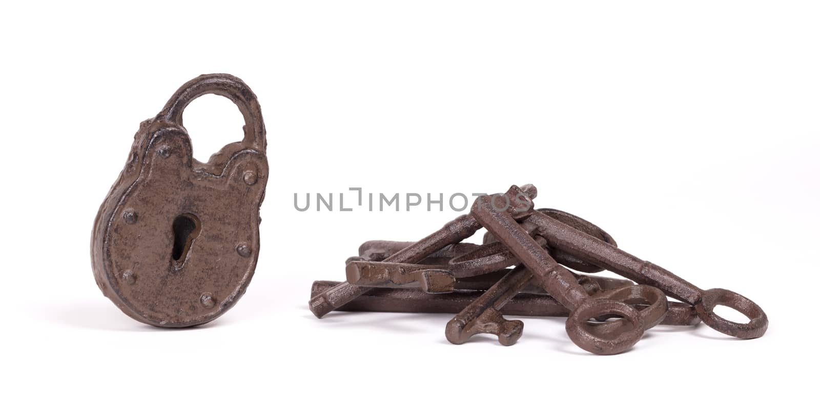 Rusty old lock isolated on white background