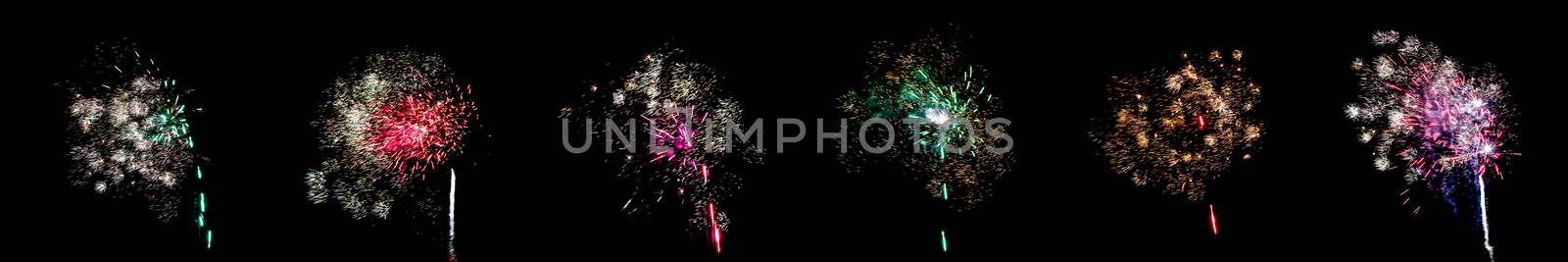 Set of multicolored flashes of fireworks isolated on black background.
