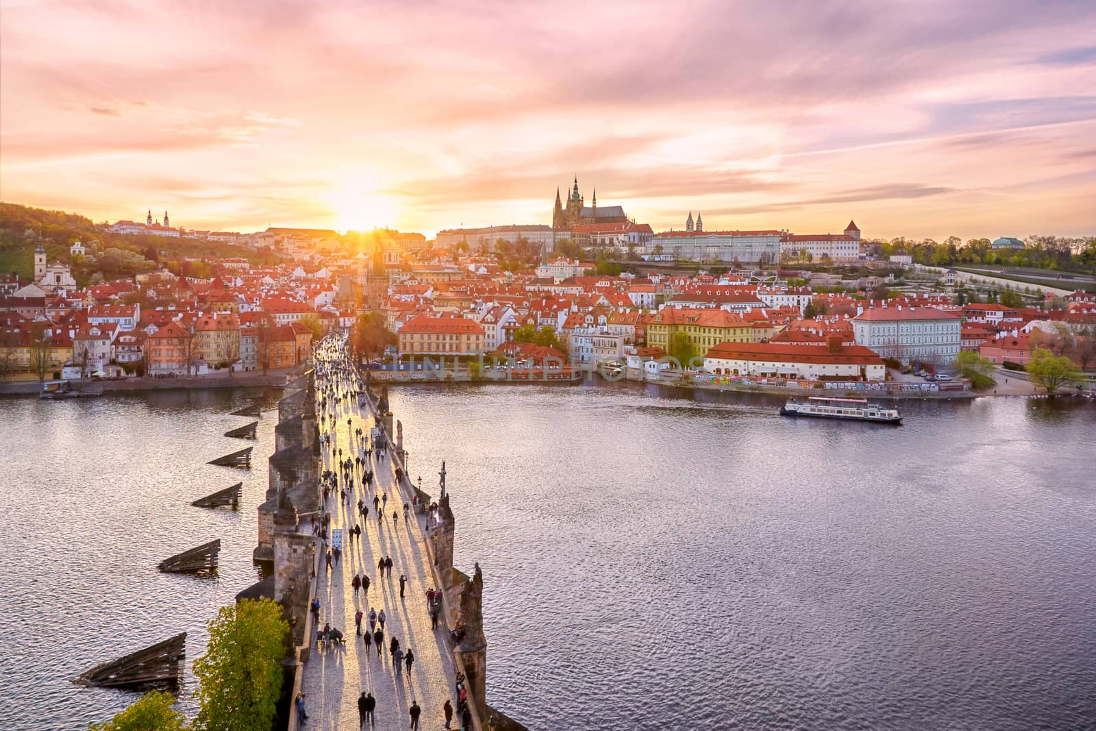 aerial view from the Bridge tower on Charles Bridge and Prague Castle, Czech Republic