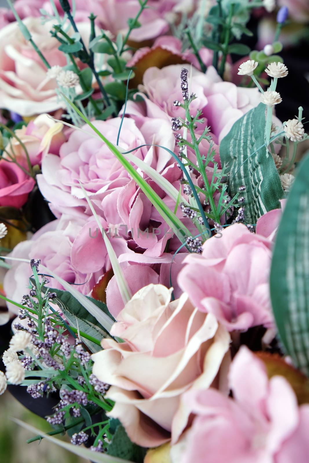 close up of Multicolored imitation flowers