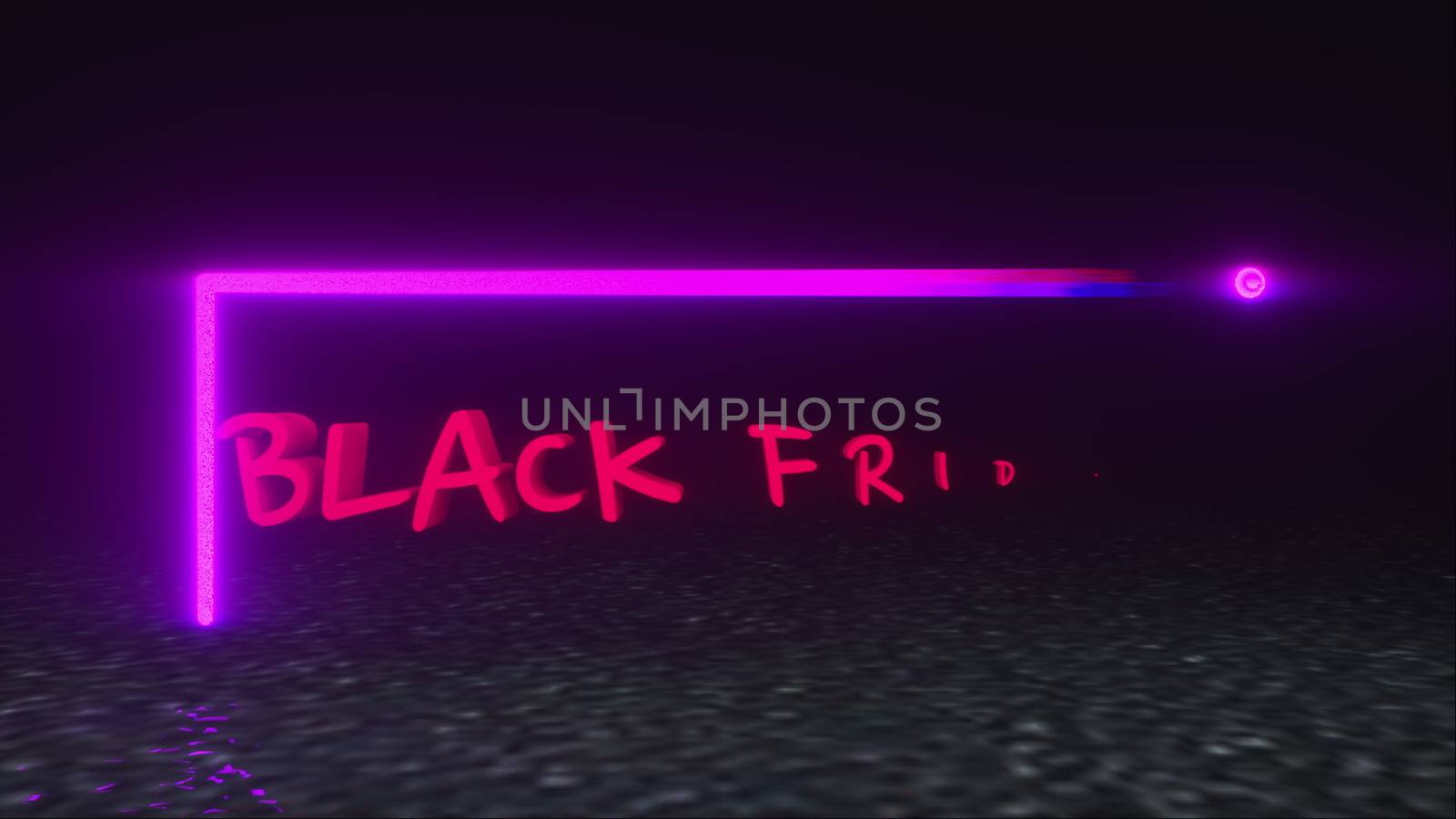 Computer generated background with neon light banner black friday. 3d rendering of a glowing neon text frame. Swivel advertising plate