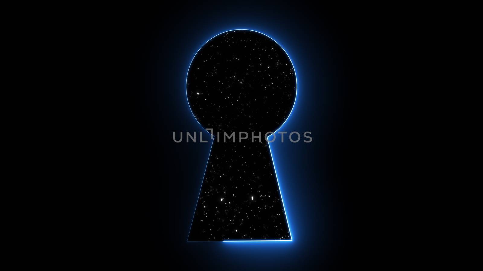 Neon keyhole with stars, computer graphics abstract background, 3D rendering