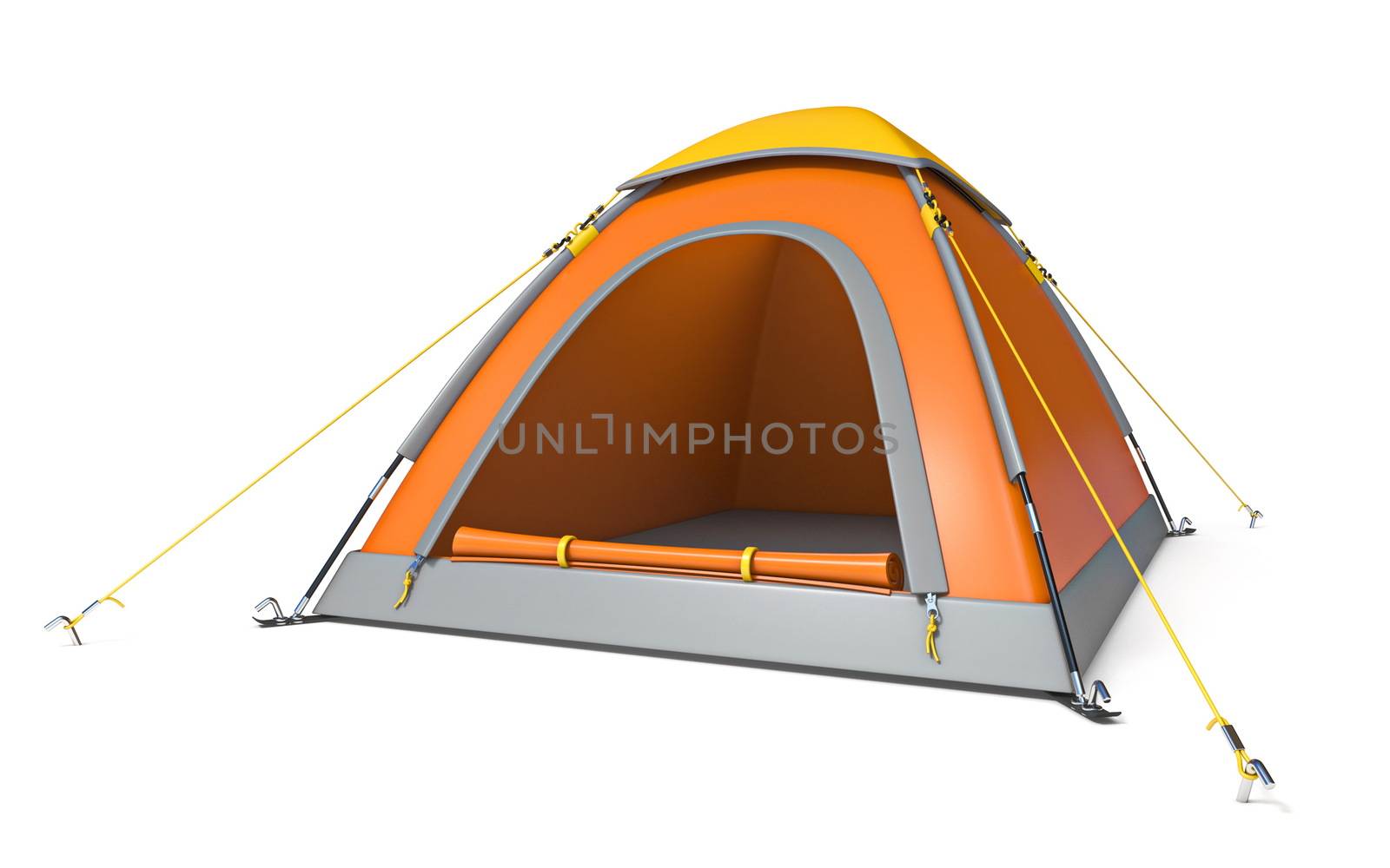 Orange yellow camping tent side view 3D rendering illustration isolated on white background