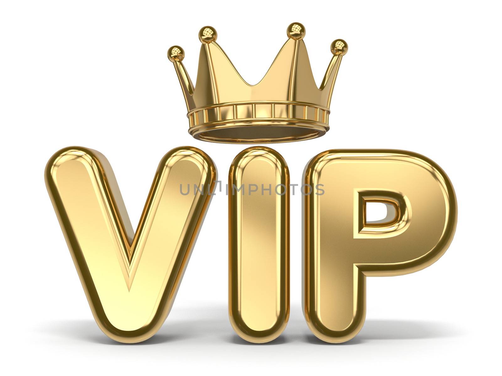 VIP text with golden crown 3D render illustration isolated on white background