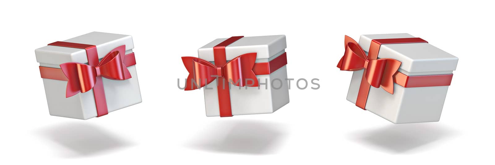 Cube white gift boxes with simple red ribbon 3D render illustration isolated on white background