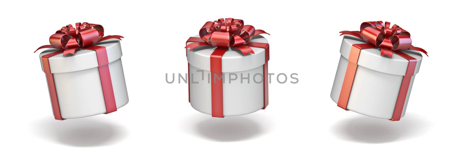 Cylinder white gift boxes with red ribbon 3D by djmilic