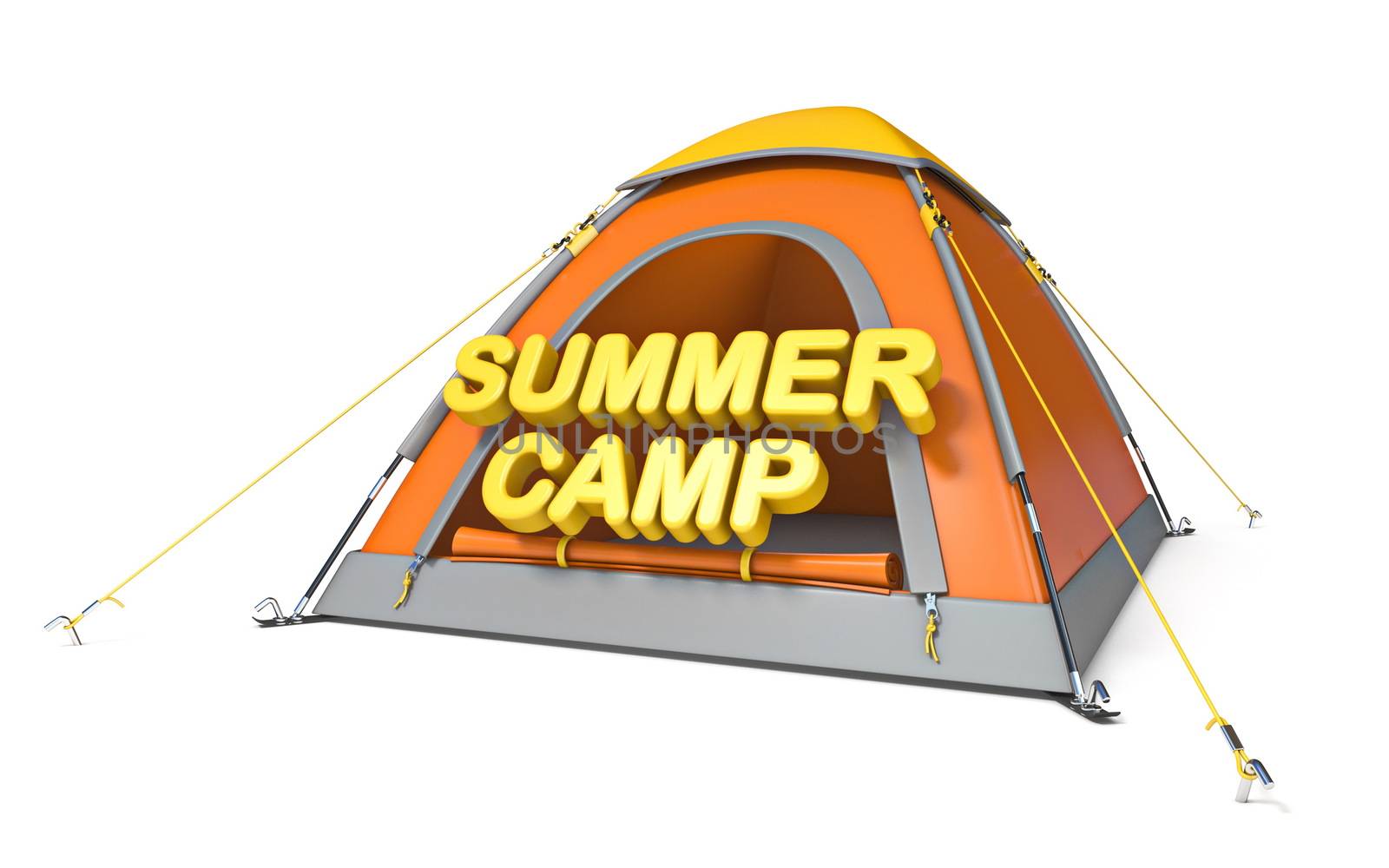 Orange yellow camping tent SUMMER CAMP concept 3D render illustration isolated on white background