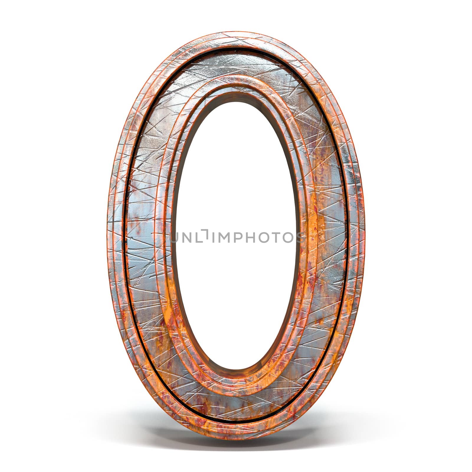 Rusty metal font Number 0 ZERO 3D render illustration isolated on white background