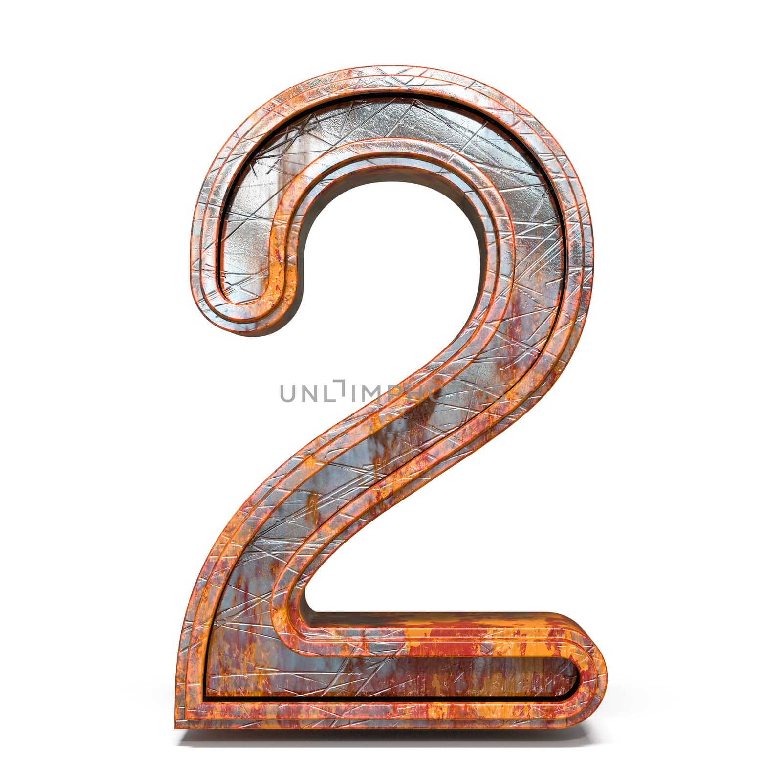Rusty metal font Number 2 TWO 3D render illustration isolated on white background
