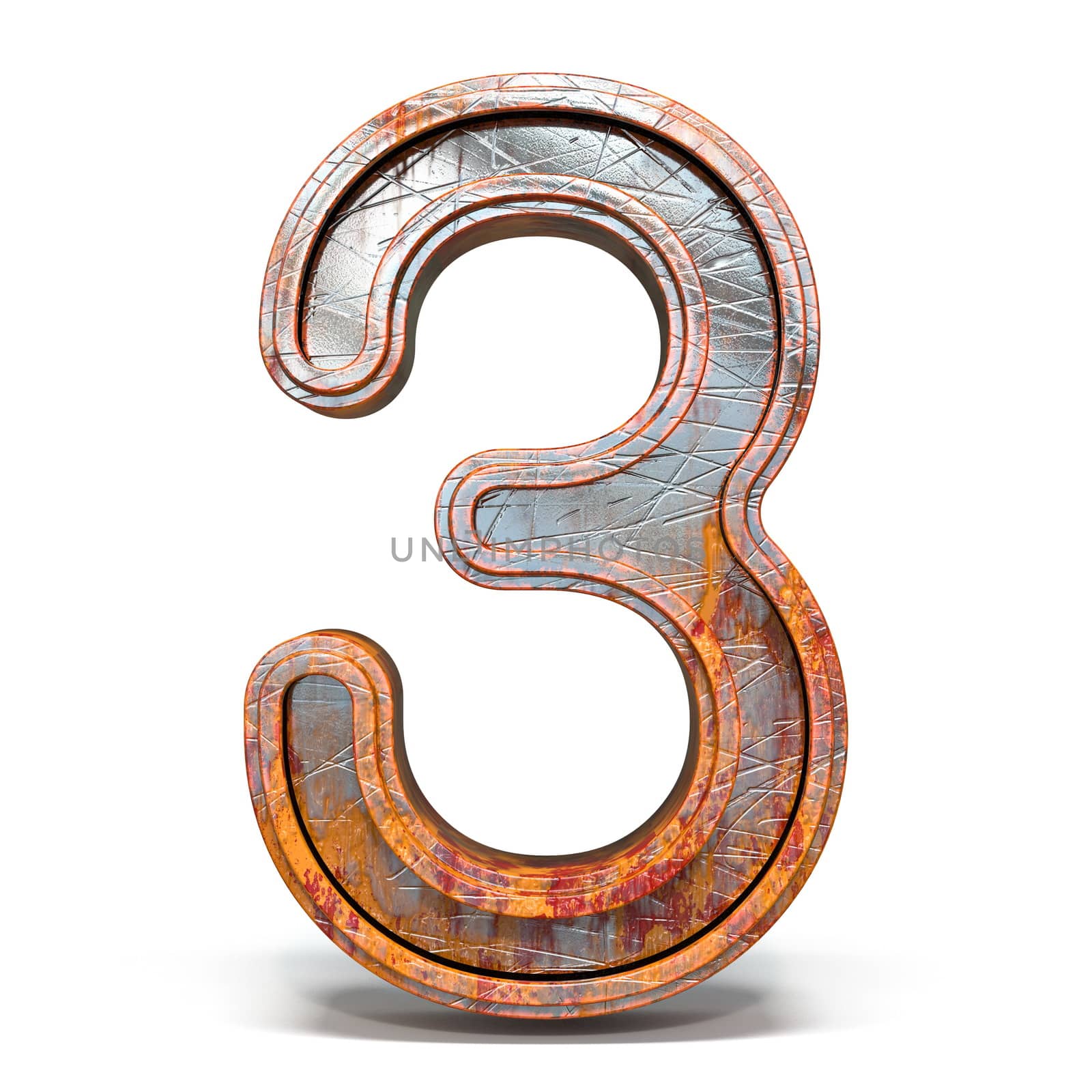 Rusty metal font Number 3 THREE 3D render illustration isolated on white background