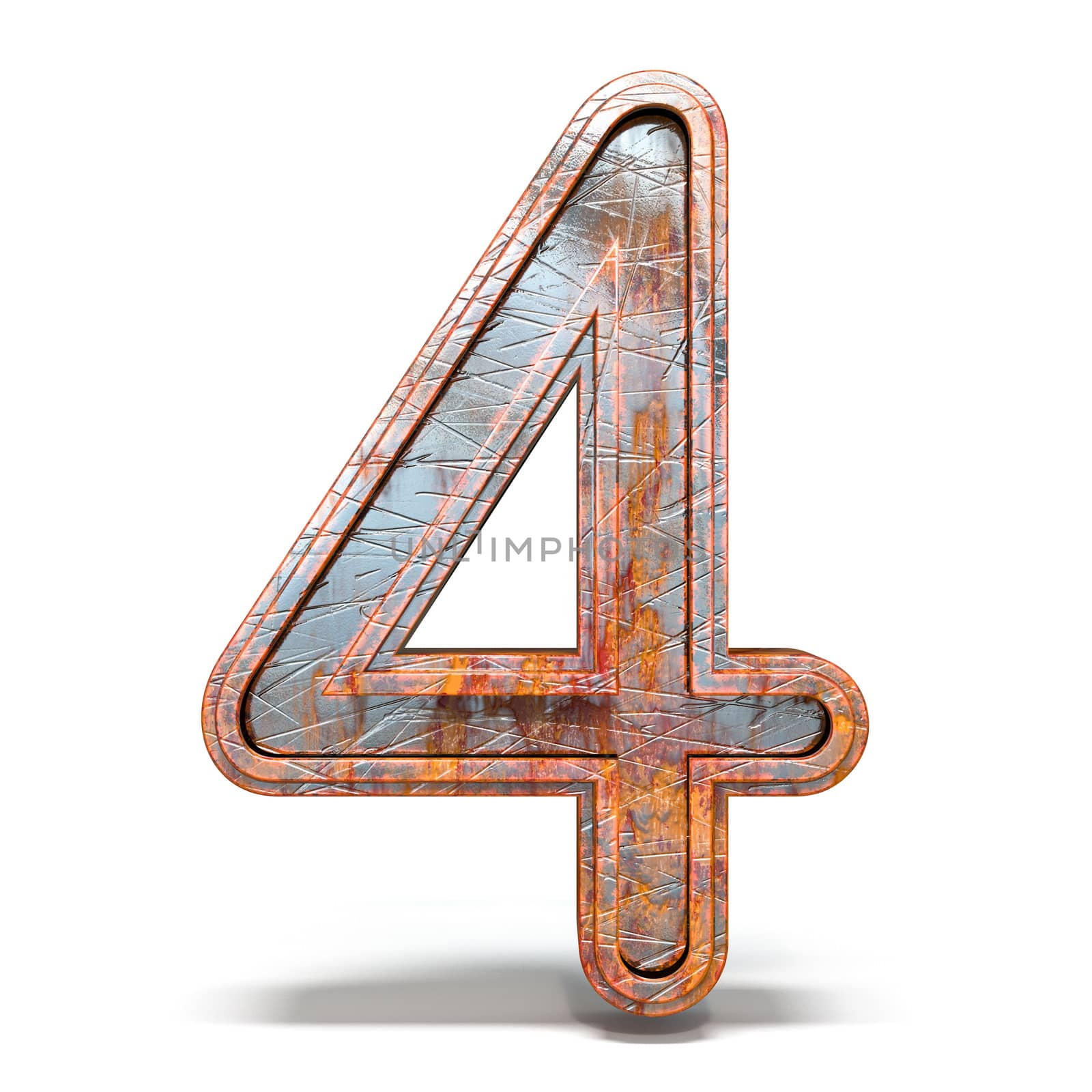 Rusty metal font Number 4 FOUR 3D render illustration isolated on white background