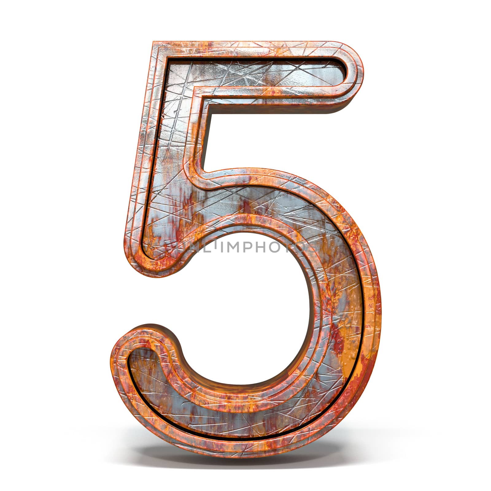 Rusty metal font Number 5 FIVE 3D render illustration isolated on white background