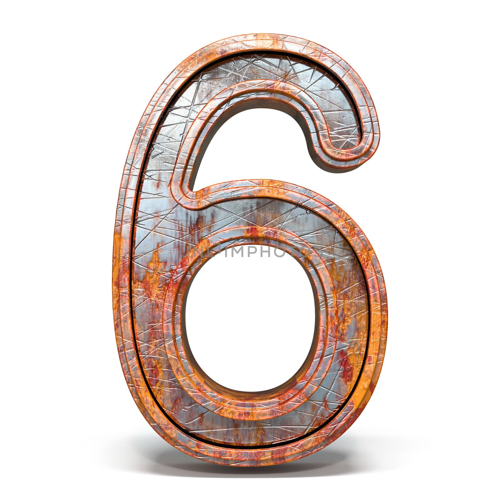 Rusty metal font Number 6 SIX 3D render illustration isolated on white background