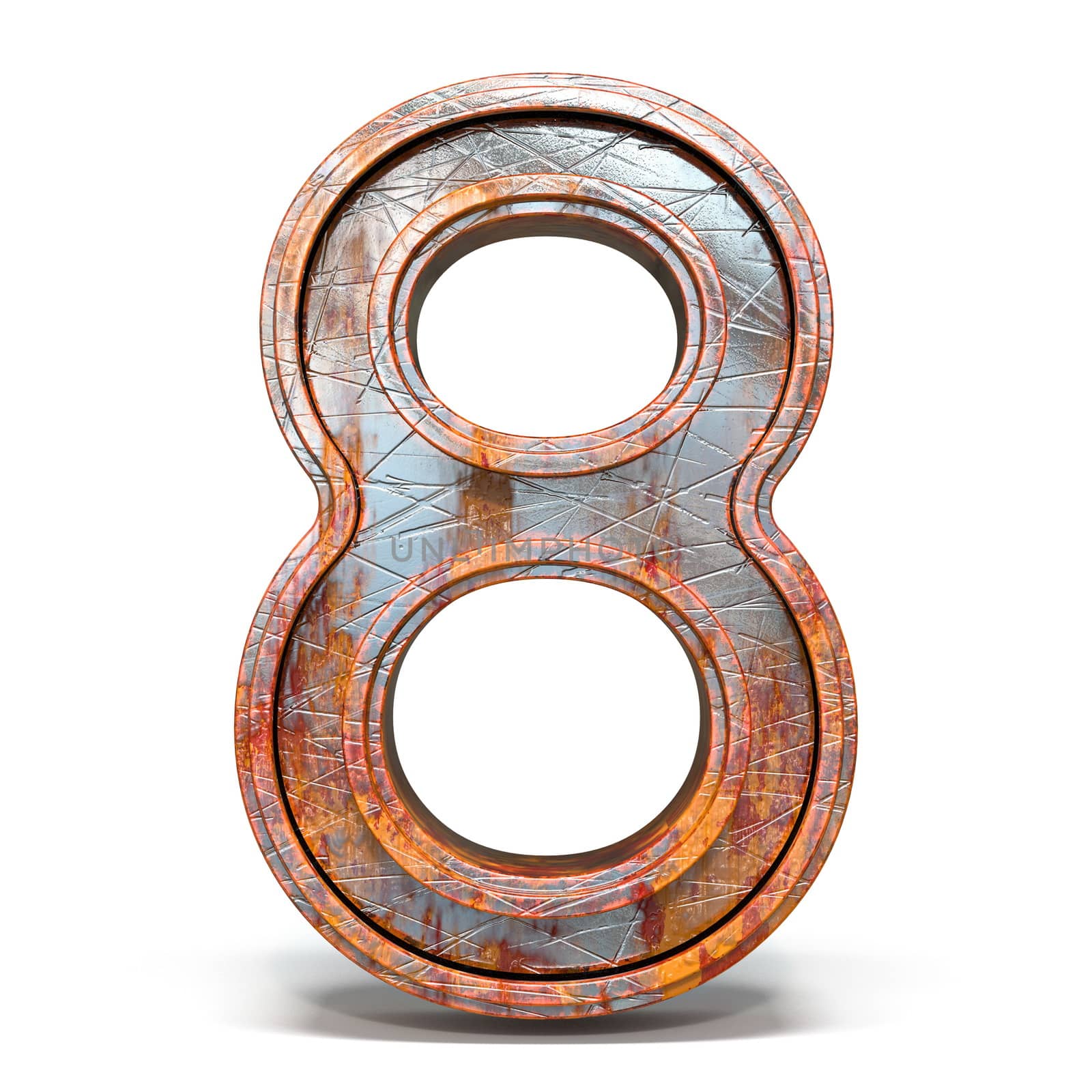 Rusty metal font Number 8 EIGHT 3D render illustration isolated on white background