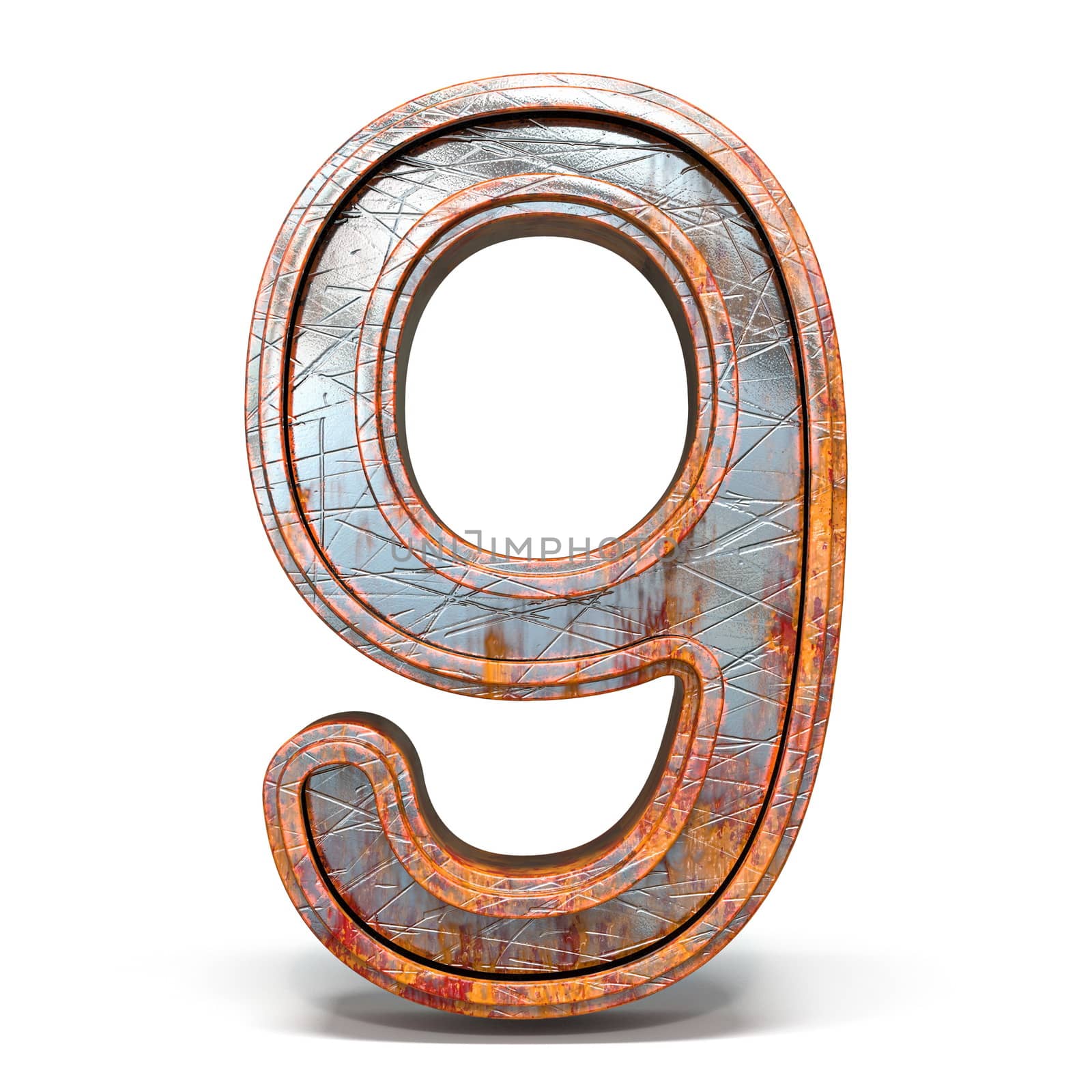 Rusty metal font Number 9 NINE 3D render illustration isolated on white background
