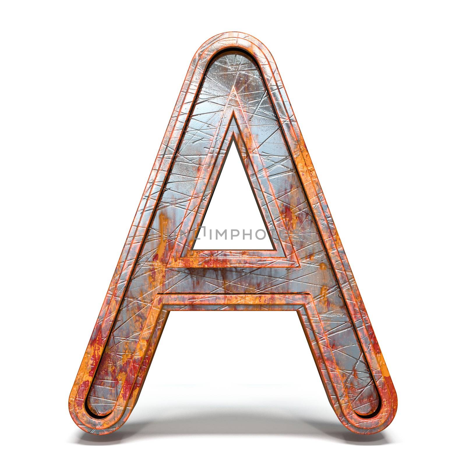 Rusty metal font Letter A 3D render illustration isolated on white background