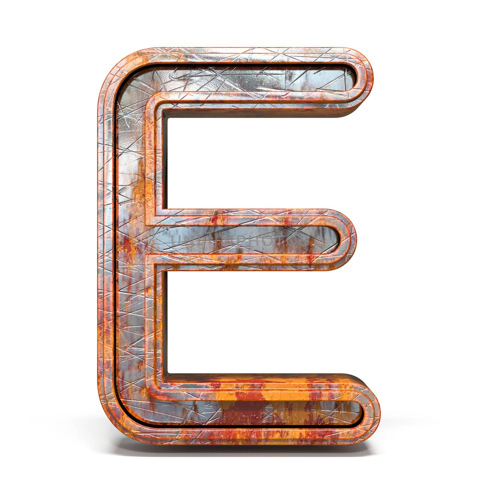 Rusty metal font Letter E 3D render illustration isolated on white background