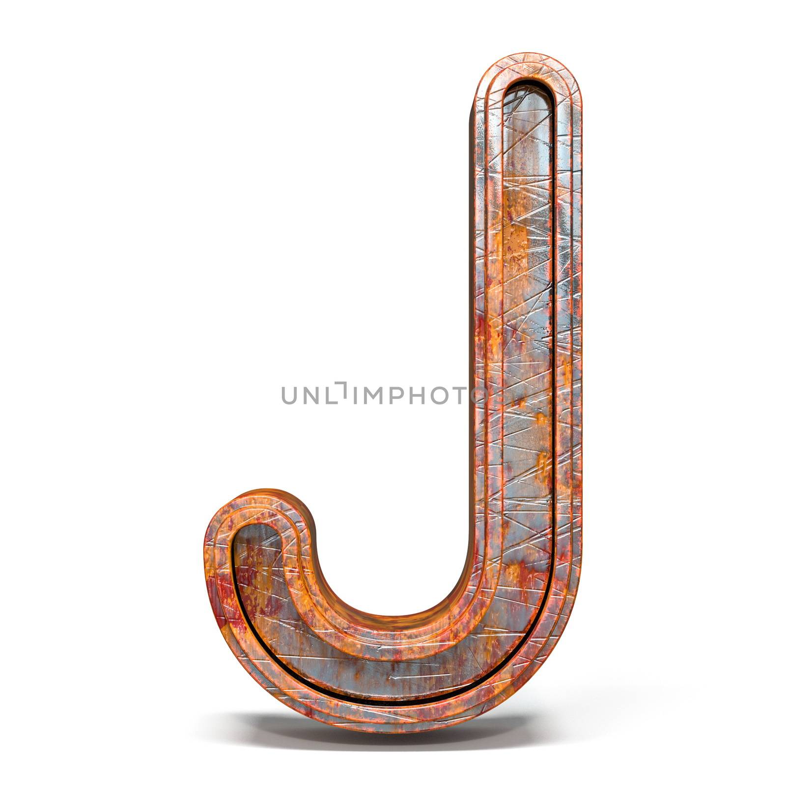 Rusty metal font Letter J 3D render illustration isolated on white background
