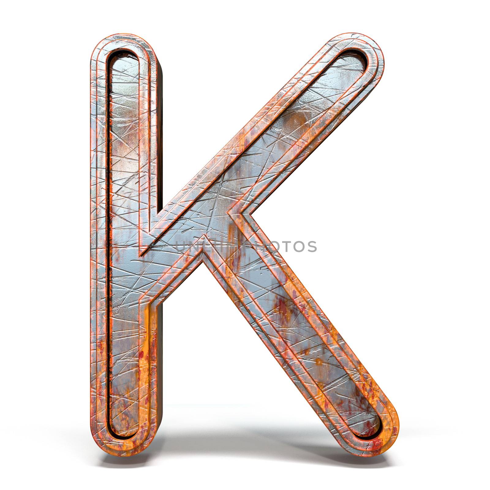 Rusty metal font Letter K 3D render illustration isolated on white background