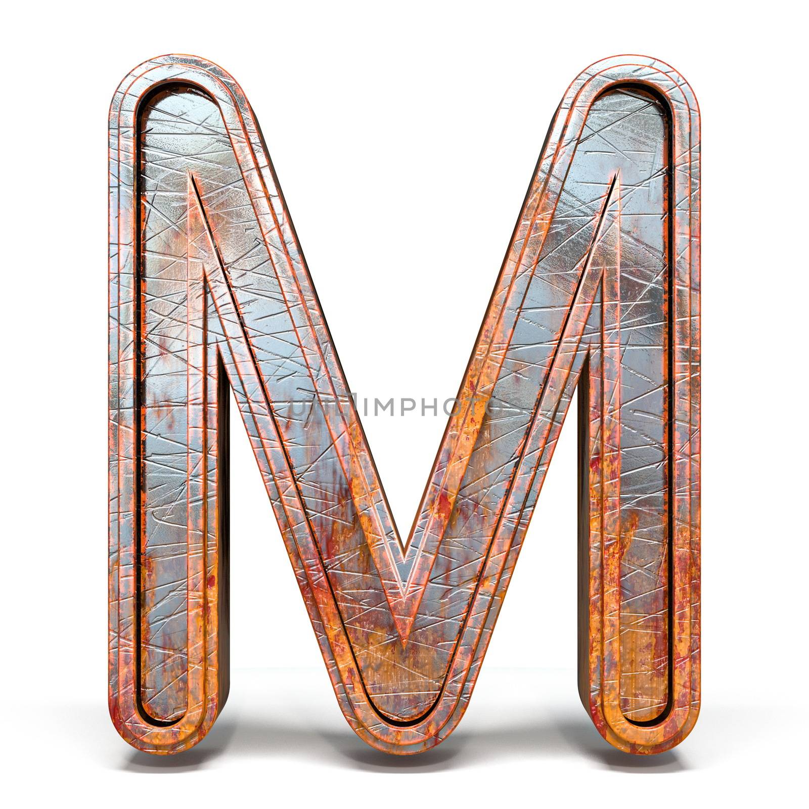 Rusty metal font Letter M 3D render illustration isolated on white background