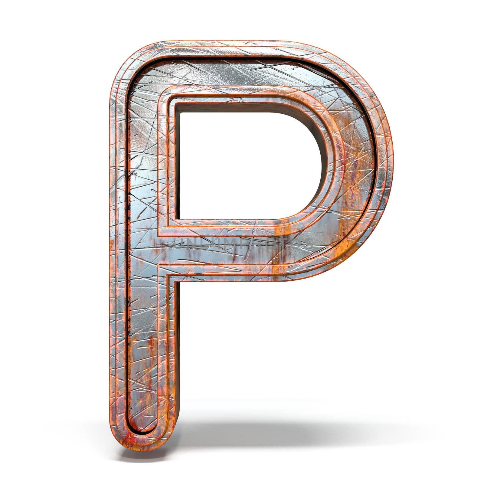 Rusty metal font Letter P 3D render illustration isolated on white background