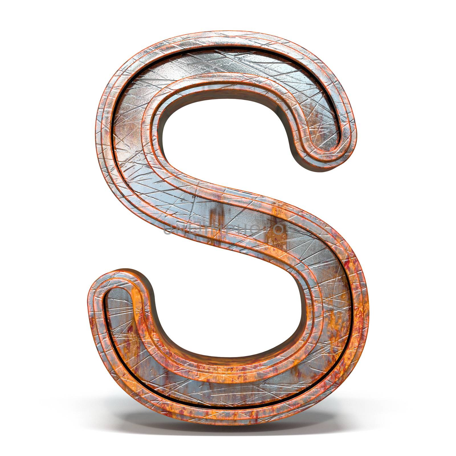 Rusty metal font Letter S 3D render illustration isolated on white background