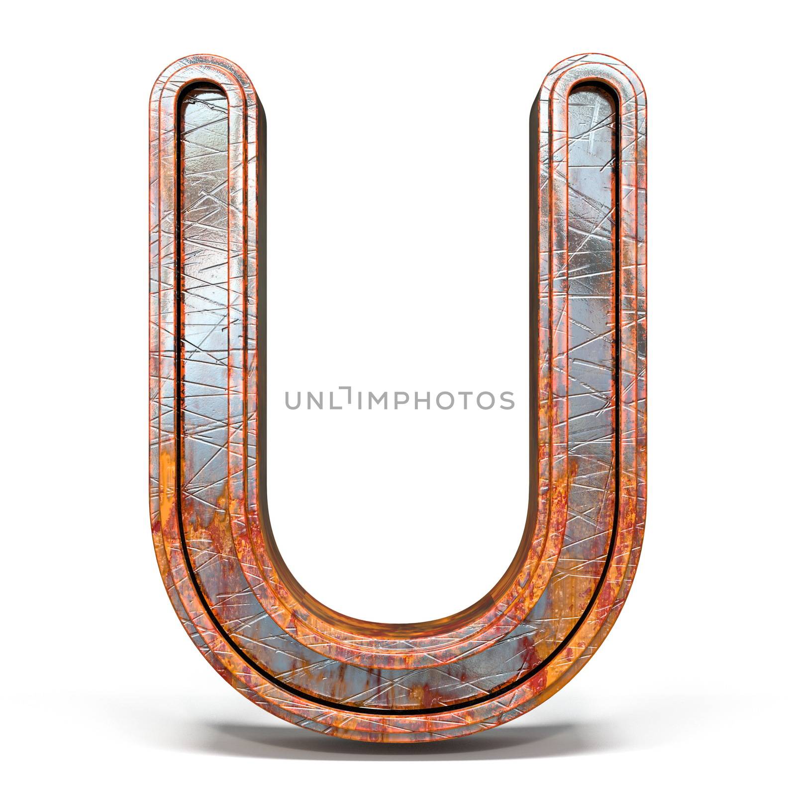 Rusty metal font Letter U 3D render illustration isolated on white background
