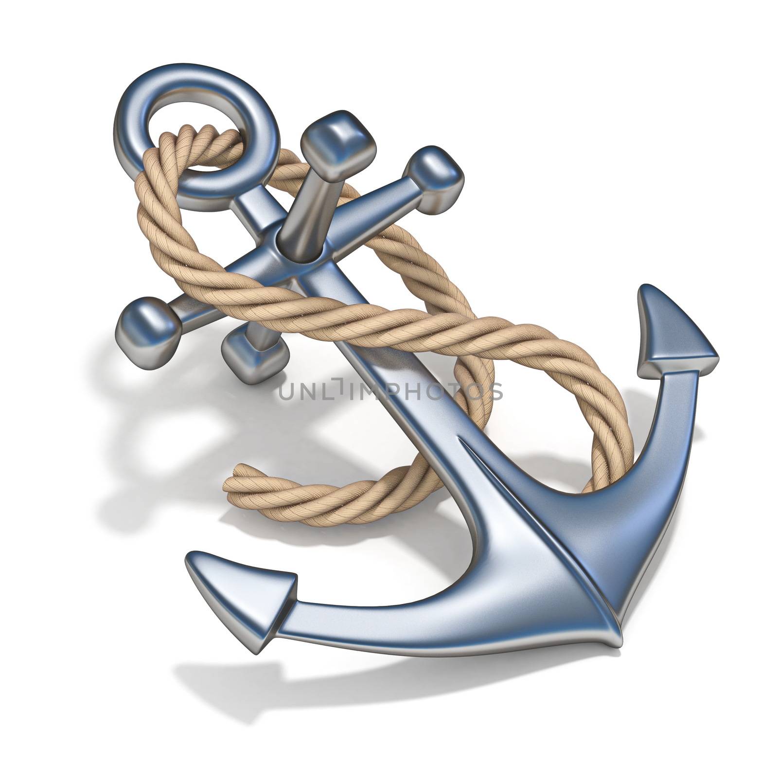 Steel anchor with rope 3D render illustration isolated on white background.