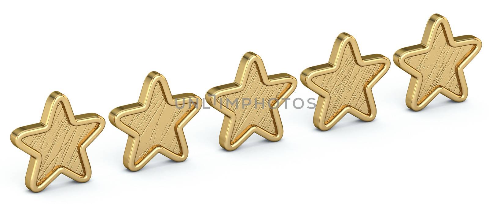 Voting concept rating FIVE golden stars 3D render illustration isolated on white background