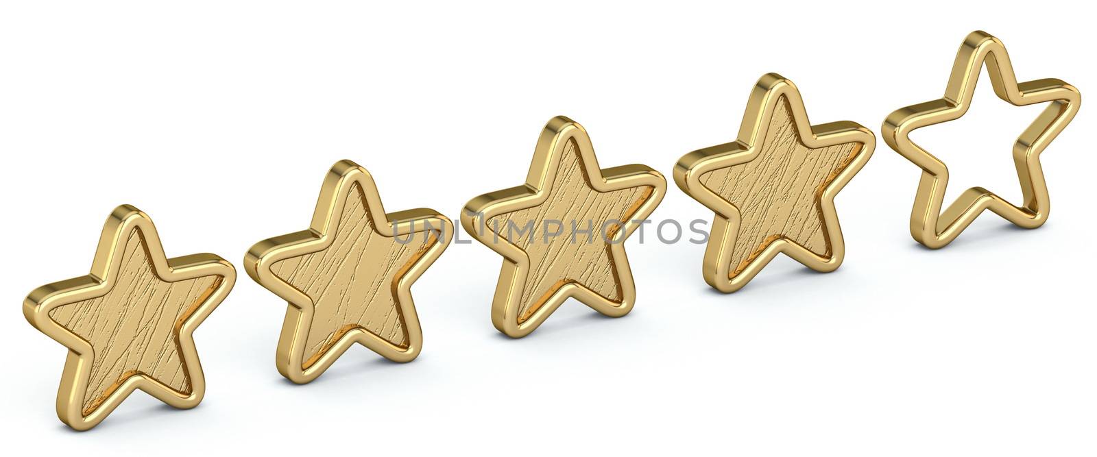 Voting concept rating FOUR golden stars 3D render illustration isolated on white background