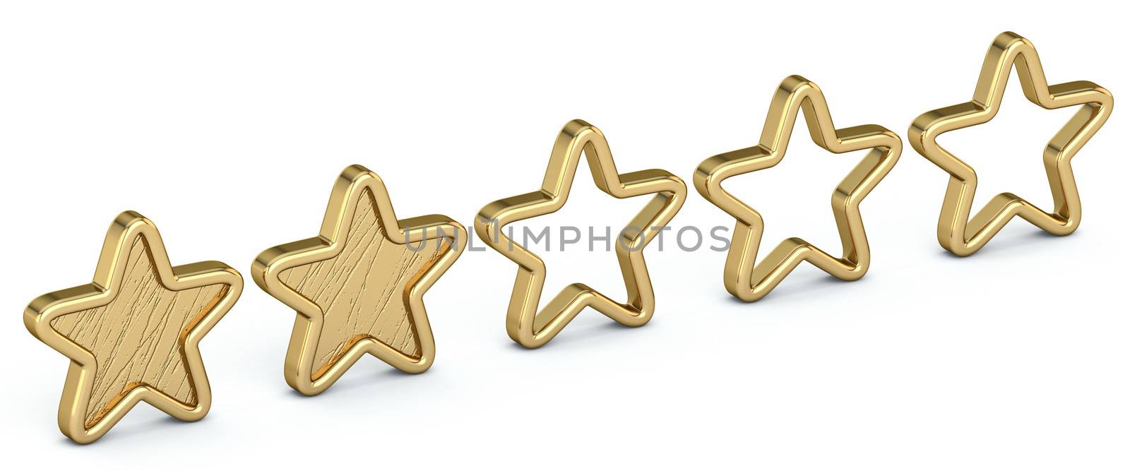 Voting concept rating TWO golden stars 3D render illustration isolated on white background