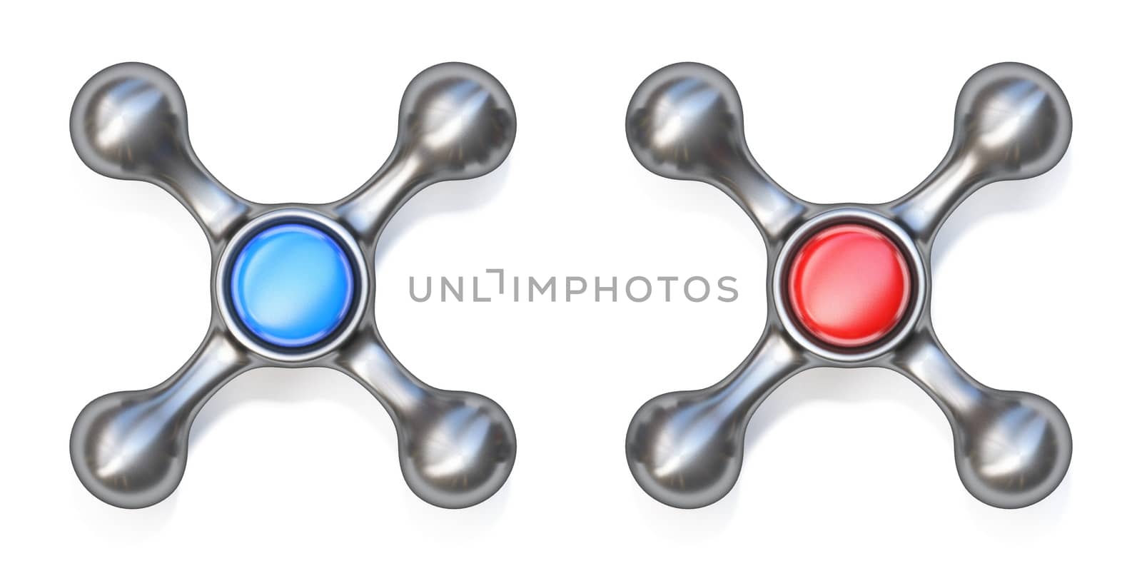 Red and blue water taps 3D render illustration isolated on white background