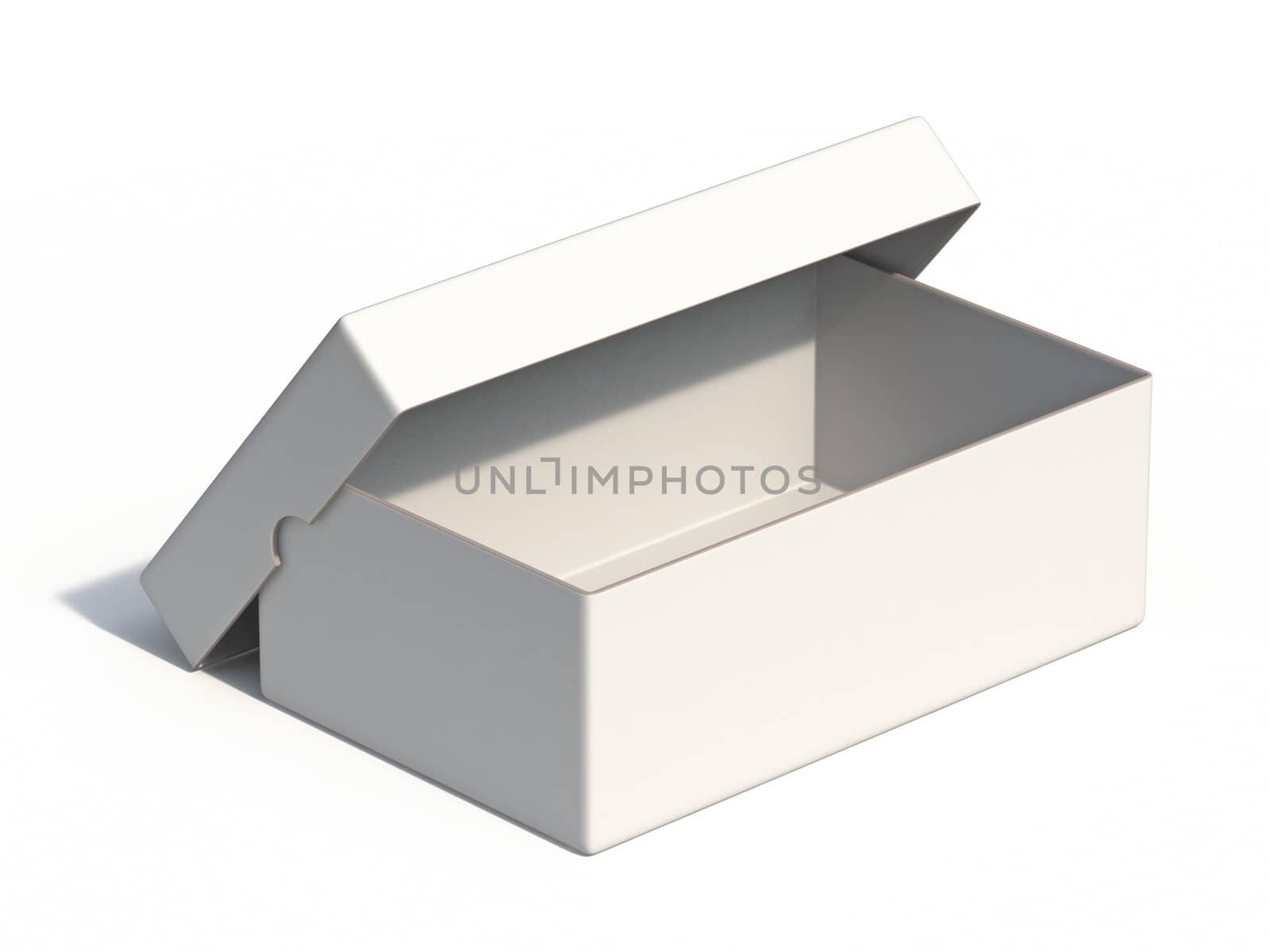 Empty white box with cover side view 3D render illustration isolated on white background