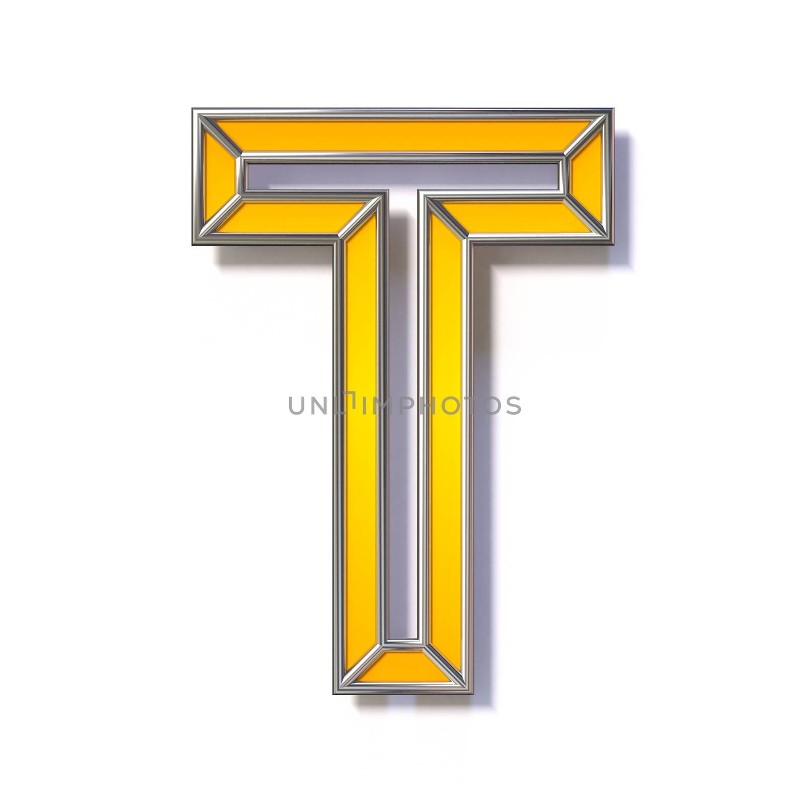 Orange metal wire font Letter T 3D rendering illustration isolated on white background