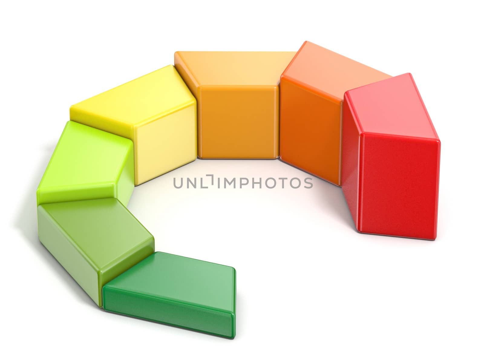 Pie chart seven levels of energetic efficiency 3D render illustration isolated on white background