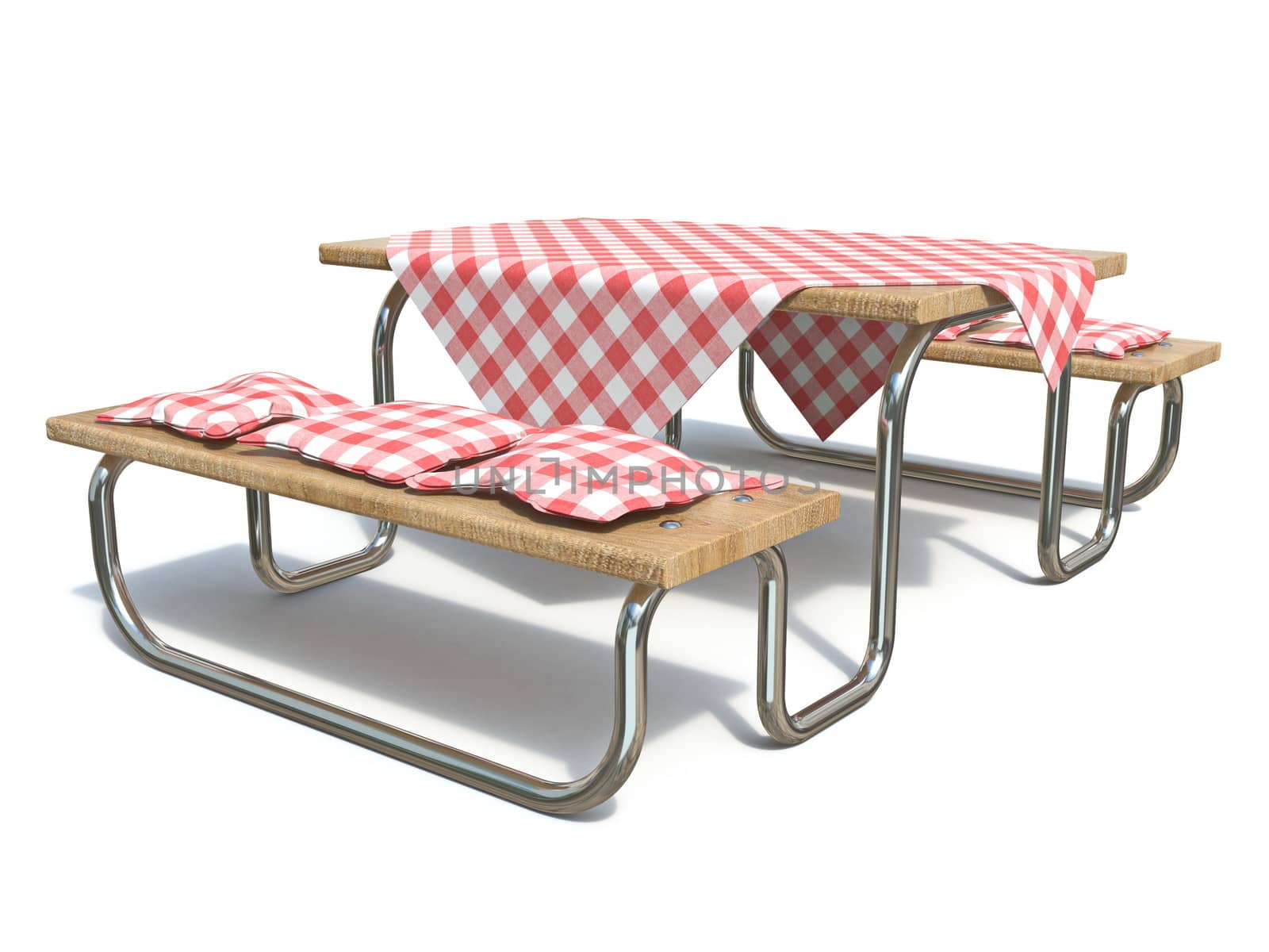 Wooden metal picnic table with red table cover and pillows 3D render illustration isolated on white background