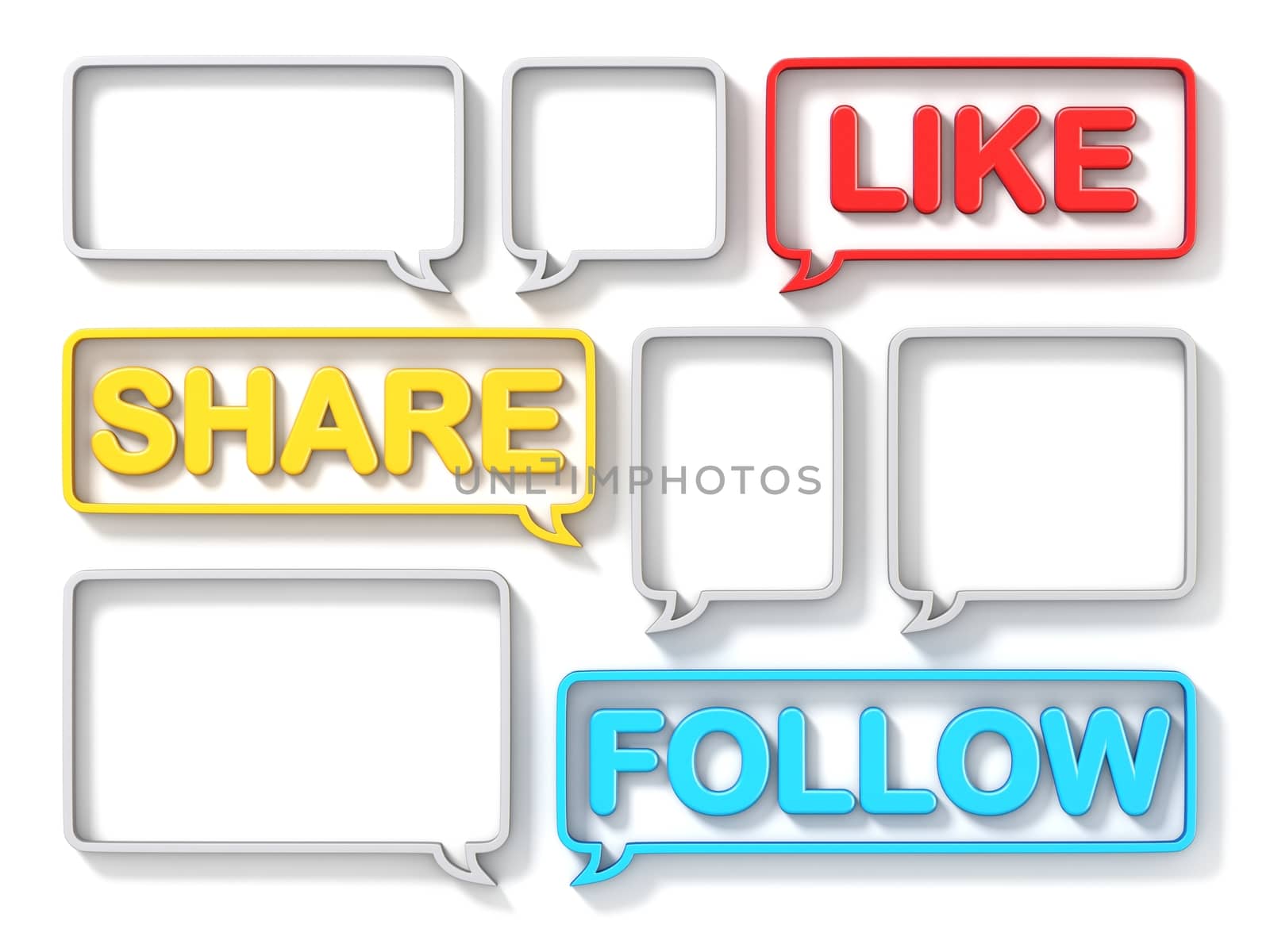 Different size speech bubbles LIKE, SHARE, FOLLOW concept 3D rendering illustration isolated on white background