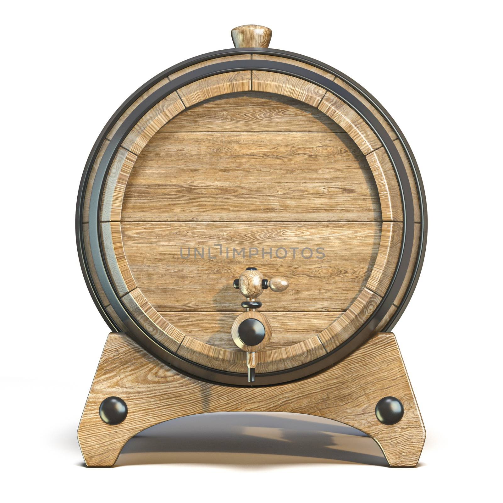 Wooden barrel on wooden stand 3D render illustration isolated on white background