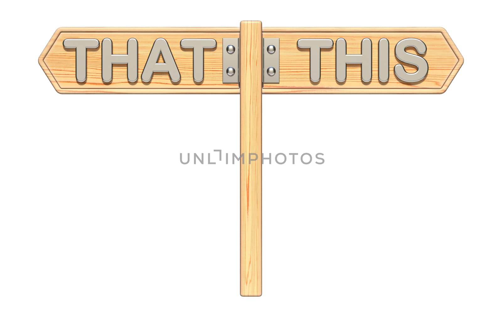 THAT and THIS wooden sign 3D render illustration isolated on white background